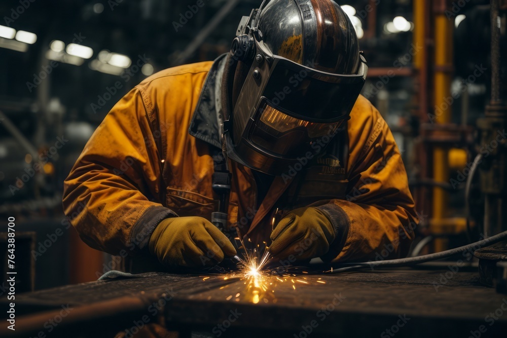 construction worker welding and repairing metal structures at offshore oil plant.