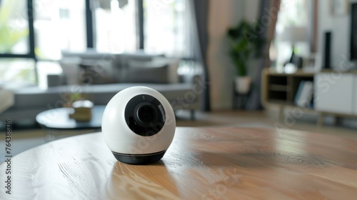 Smart wireless security camera on table in home living room. AI generated image