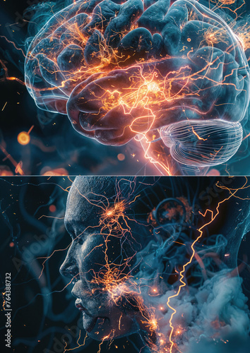 Concept artwork of  human mind full of ideas and knowledge. Set of two images. 3d style head with brain x-ray glowing on a black background.  Imagination and human learning.