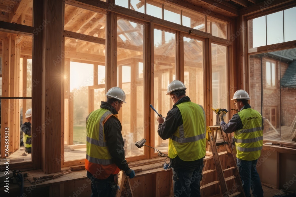 Construction workers install new windows and doors at home using safety equipment Construction workers install new windows and doors at home using safety equipment