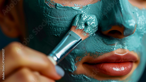 Close up of a beautiful woman applying a blue homemade DIY facial mask on her skin  Skincare routine and anti-aging treatment at spa healthy beauty treatment therapy