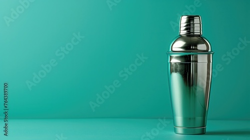 A sleek, stainless steel cocktail shaker isolated against a vibrant teal background photo