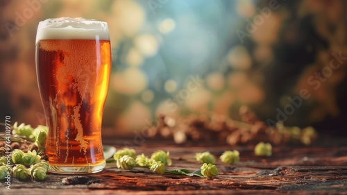 Close-up of a refreshing glass of craft beer surrounded by scattered hops on a wooden surface photo