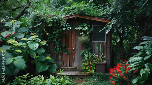A quaint wooden shed nestled in a lush green garden © Artyom
