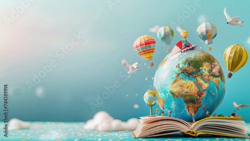 Colorful hot air balloons fly over a globe atop an open book