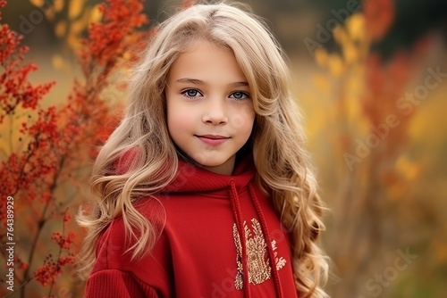 Portrait of a beautiful little girl with long blond hair in the autumn park