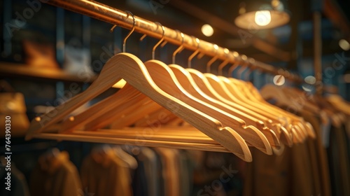 Elegant wooden hangers on a shiny brass rack in a luxury closet, enhancing home organization and decor