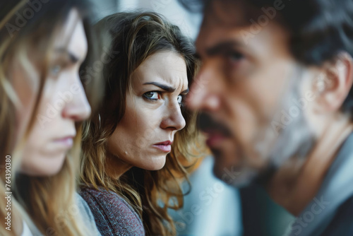 Close-up of a tense confrontation between a man and a woman, showing deep concern.