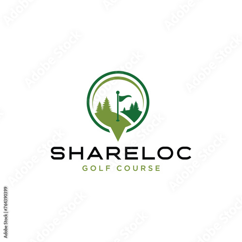 golf course logo with landscape view and location icon