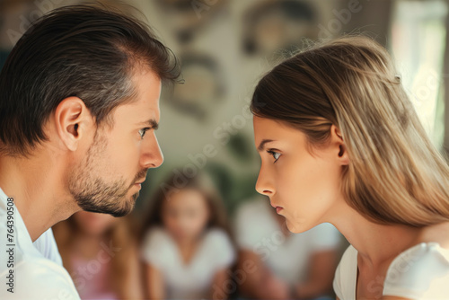A man and young girl stare intently at each other, both showing determination.