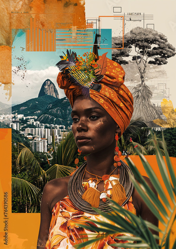 Brazilian Woman, traditional portrait collage artwork illustration, Rio De Janeiro, Brasil Latin America, tropical plants, a view of the city, overlapping elements. Retro style artwork.
