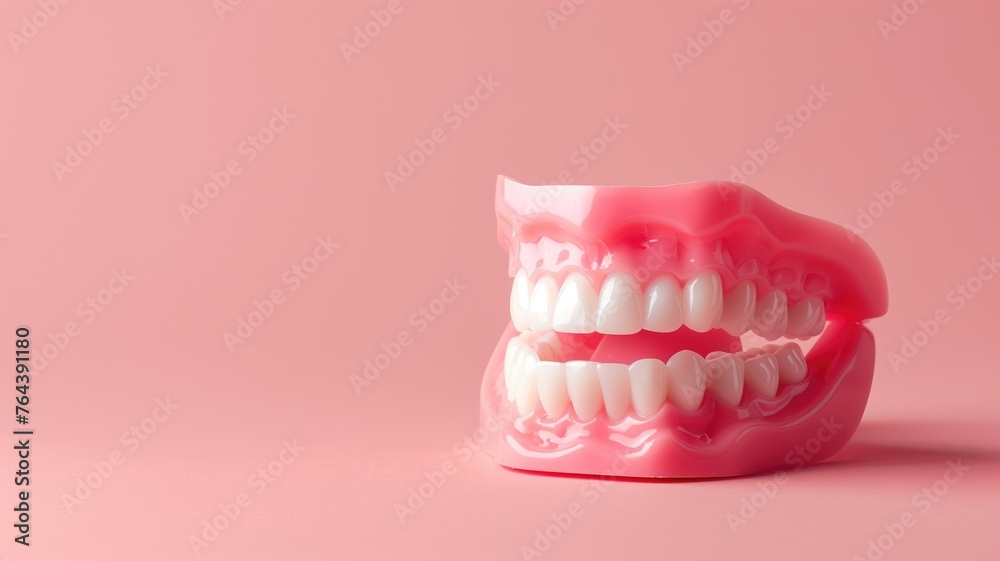 Pink dental mold of human teeth isolated on a soft pink background Pink dental mold of human teeth isolated on a soft pink background