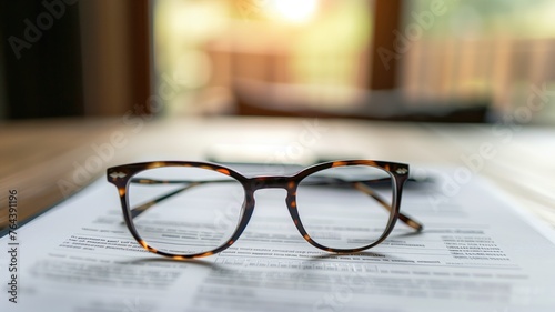 Tortoiseshell eyeglasses resting on a focused document with blurred background