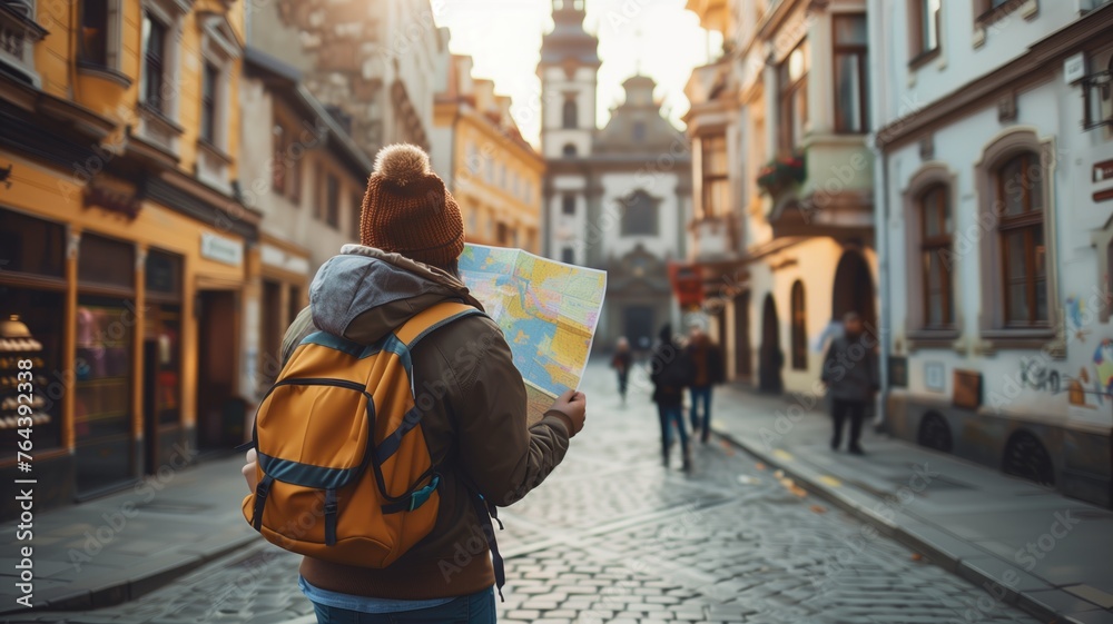 Back view of a traveler with a backpack holding a map on a picturesque cobblestone street