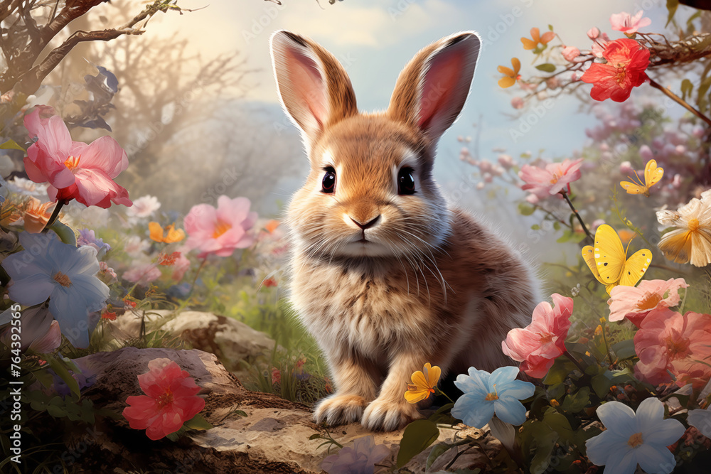 Enchanted forest bunny amidst blooming flowers