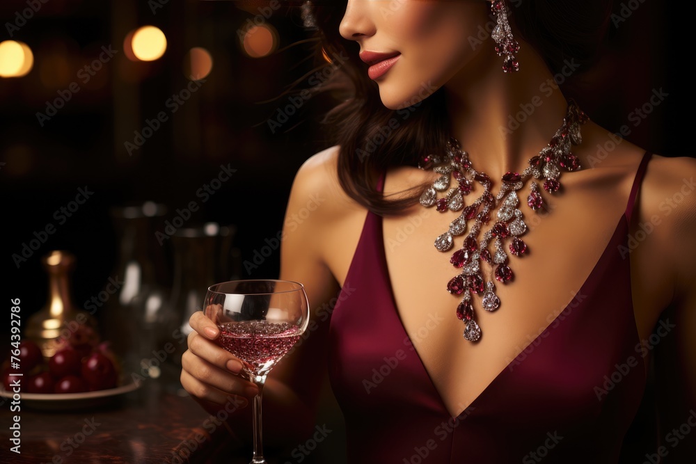 festive cocktail party featuring a model showcasing a statement ruby necklace.
