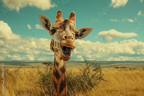 Curious Giraffe with Expressive Eyes Captured Against a Serene Savannah Backdrop