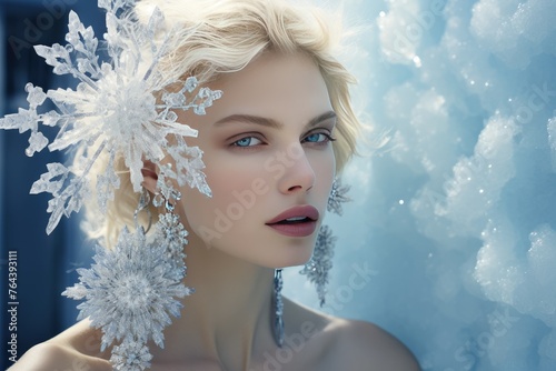 Winter wonderland scene with a model wearing icicle-inspired diamond earrings.