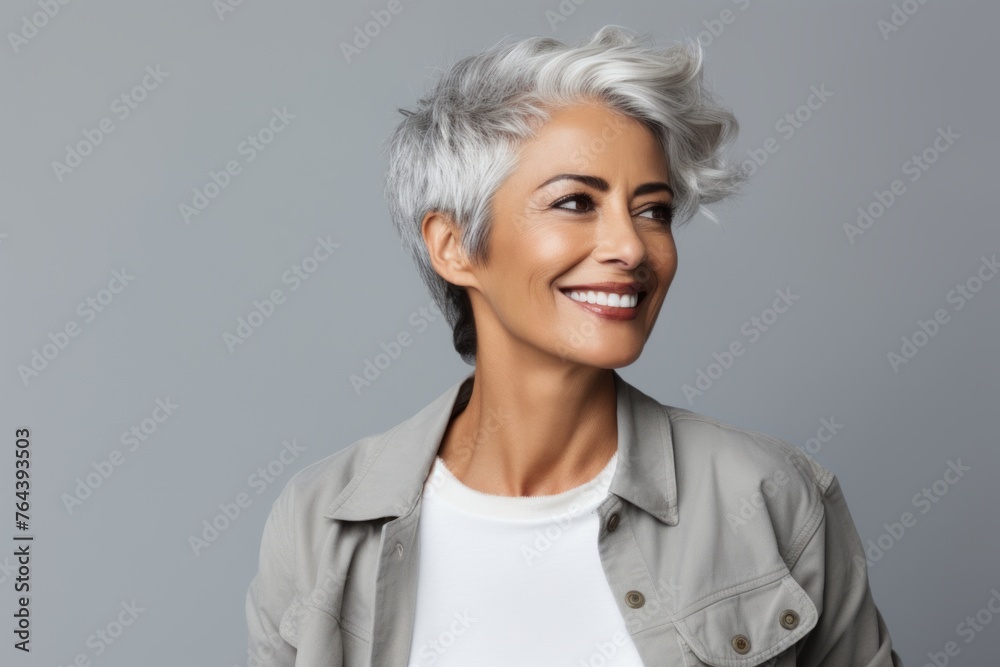 Portrait of smiling businesswoman with grey hair, over grey background Portrait of smiling businesswoman with grey hair, over grey background