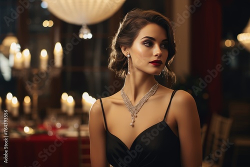 Elegant holiday ballroom setting with a woman wearing a glamorous crystal choker necklace.