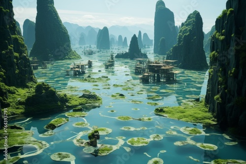 Enchanting high fantasy art floating islands with cascading waterfalls and otherworldly scenery