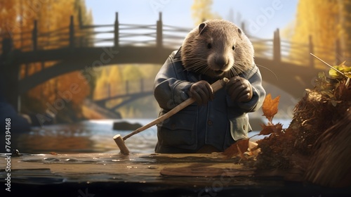 A beaver industriously builds a dam in a quiet stream.  photo