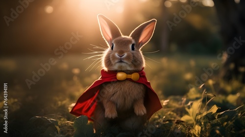 A bunny with a penchant for mischief wears a superhero cape. 