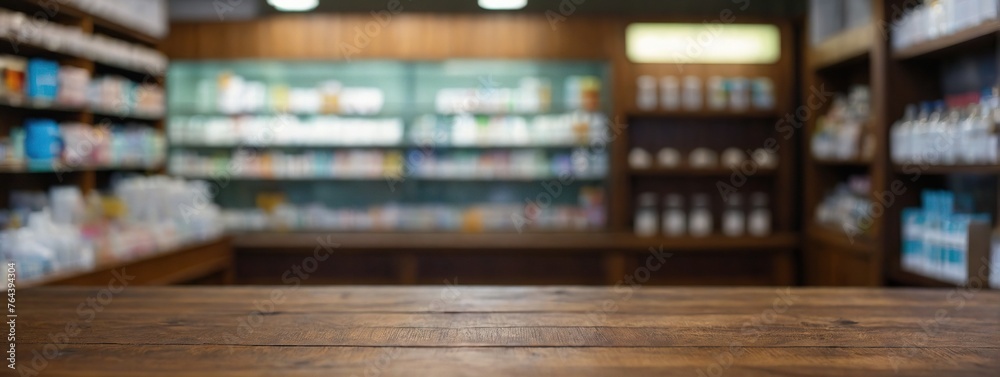 Wooden table top with copy space with blurred pharmacy shop background