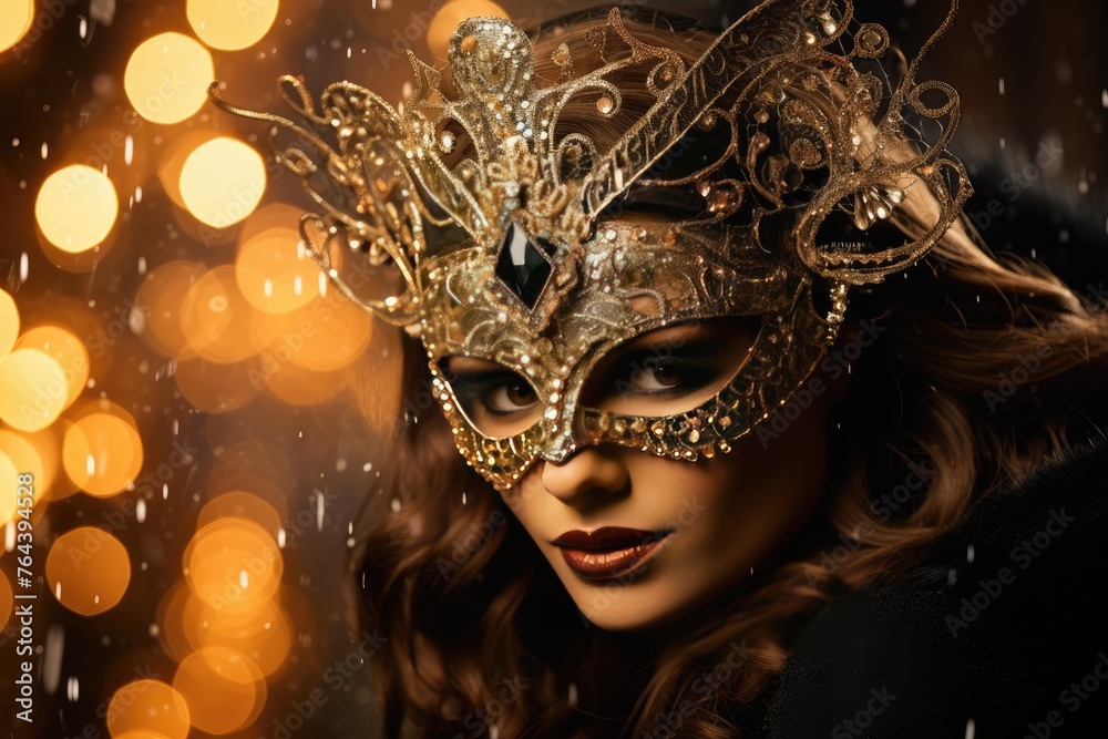 Festive masquerade ball with a woman wearing a sparkling mask and matching earrings.