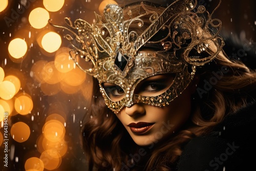 Festive masquerade ball with a woman wearing a sparkling mask and matching earrings.