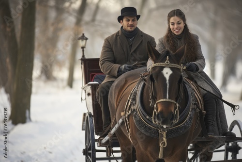 Romantic sleigh ride scene with a woman wearing a horse-drawn carriage pendant.