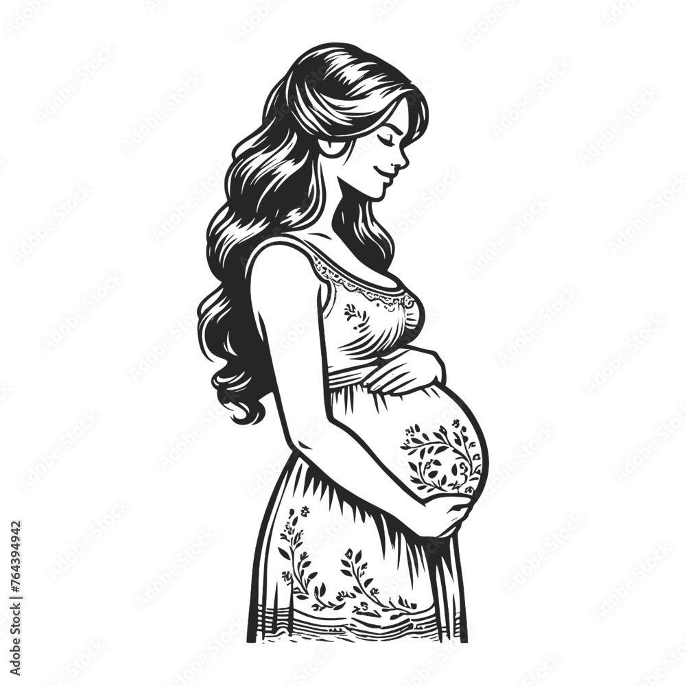 Serene happy pregnant woman cradling her belly, with hair flowing in the wind sketch engraving generative ai fictional character vector illustration. Scratch board imitation. Black and white image. Serene happy pregnant woman cradling her belly, with hair flowing in the wind sketch engraving generative ai fictional character vector illustration. Scratch board imitation. Black and white image.