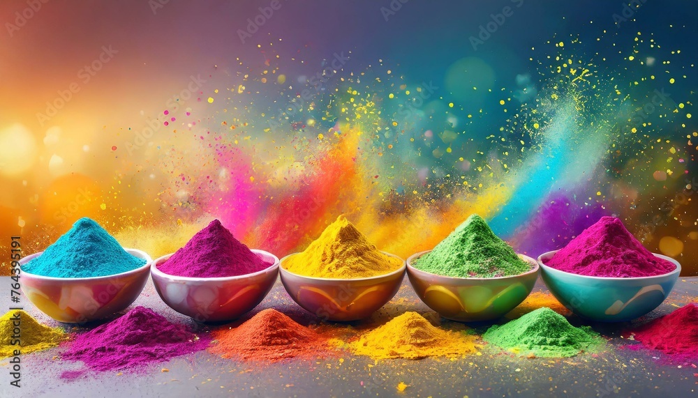 Joyful Holi Festival: Splash of Colors in Bowls with Copy Space Joyful Holi Festival: Splash of Colors in Bowls with Copy Space