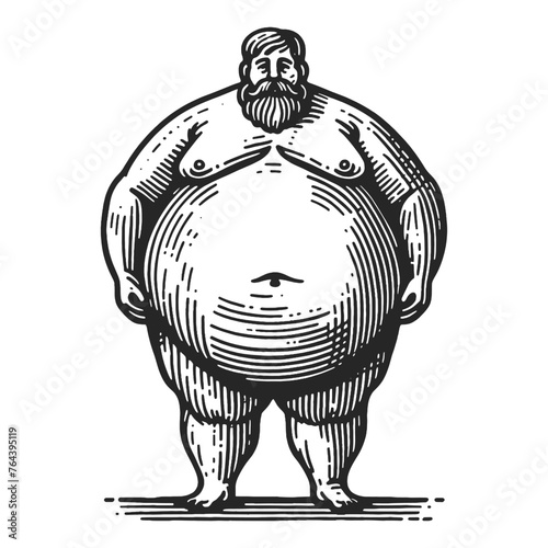 caricature of a bearded fat man with a prominent belly sketch engraving generative ai fictional character vector illustration. Scratch board imitation. Black and white image.