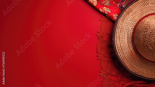 Elegant Asian conical hat beside intricate red embroidery on a vivid background