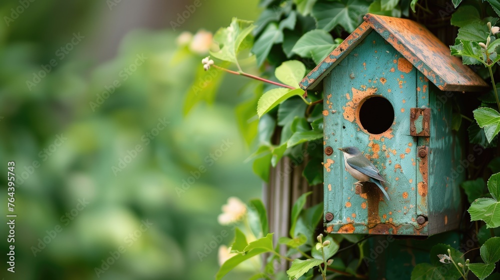 A rustic birdhouse with a bluebird perched, surrounded by foliage A rustic birdhouse with a bluebird perched, surrounded by foliage