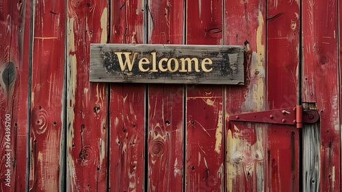 Welcome sign on a red barn wooden door with rustic charm