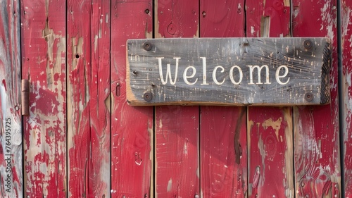 A rustic 'Welcome' sign on weathered red wooden planks
