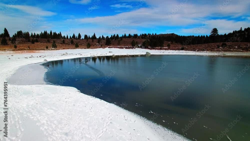 Aerial: Scenic View Of Trees On Tranquil Landscape, Drone Flying Forward Over Snow By Tranquil Lake - June Lake, California Aerial: Scenic View Of Trees On Tranquil Landscape, Drone Flying Forward Over Snow By Tranquil Lake - June Lake, California