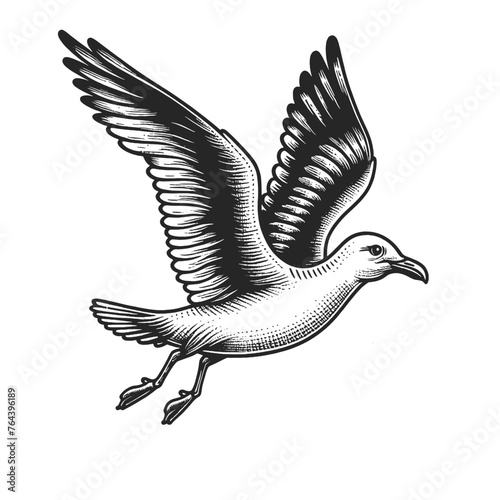 seagull bird graceful flight detailed wing feathers sketch engraving generative ai fictional character vector illustration. Scratch board imitation. Black and white image. T-shirt apparel design photo