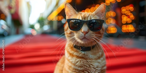 Cat Struts the Red Carpet in Hollywood Glamour with Stylish Sunglasses. Concept Pet Fashion, Red Carpet Event, Hollywood Glamour, Stylish Sunglasses, Cat Accessories