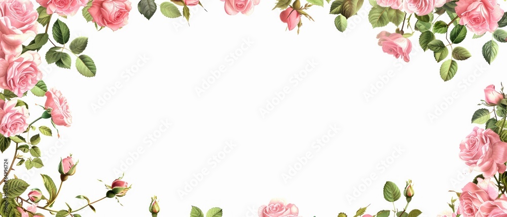 A delicate floral frame composed of pink roses and green leaves on a white background A delicate floral frame composed of pink roses and green leaves on a white background