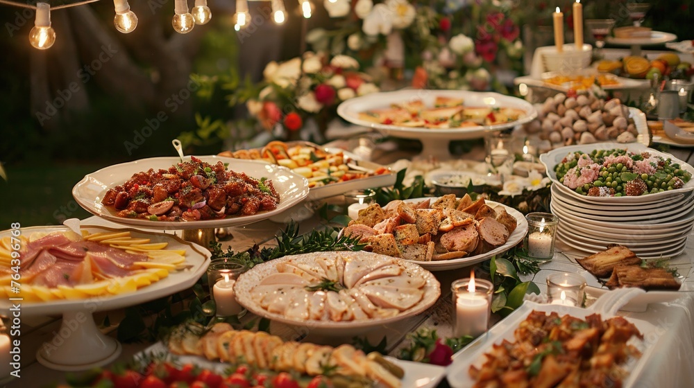 A gourmet wedding buffet table laid out with an assortment of delicious dishes