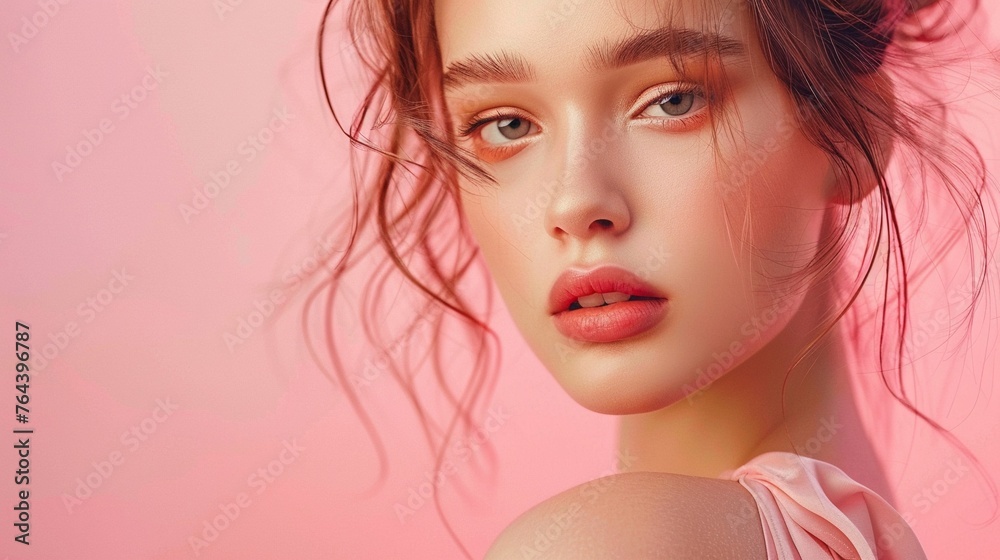 A gorgeous model with a flawless complexion poses before a striking pink cream background A gorgeous model with a flawless complexion poses before a striking pink cream background