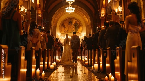 A couple walks down the aisle of a candlelit church surrounded by their loved ones