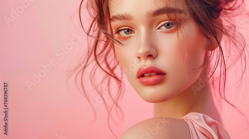 A gorgeous model with a flawless complexion poses before a striking pink cream background