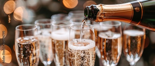 A luxurious moment as champagne is poured into elegant glasses lined up for a toast at a festive event