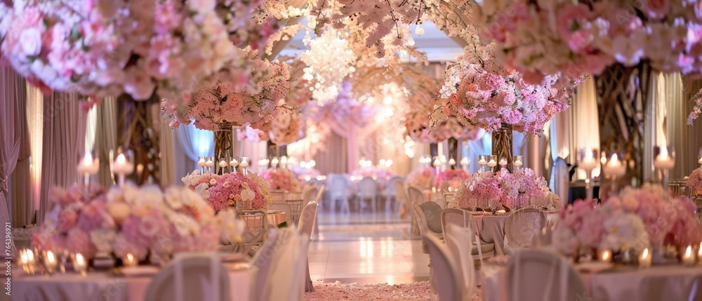 A romantic wedding venue adorned with elegant pink floral arrangements.