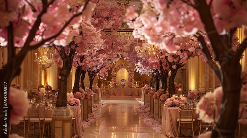 A romantic wedding venue adorned with elegant pink floral arrangements.