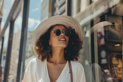 A stylish woman enjoys a sunny day out shopping in the city photo